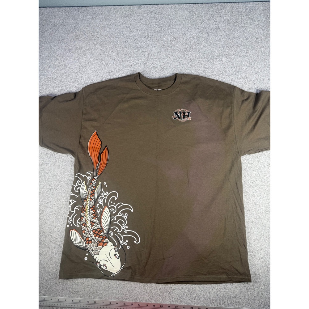 Ninth Hall Mens XXL Olive Koi Fish Crane Graphic T-Shirt Streetwear Cotton Tee